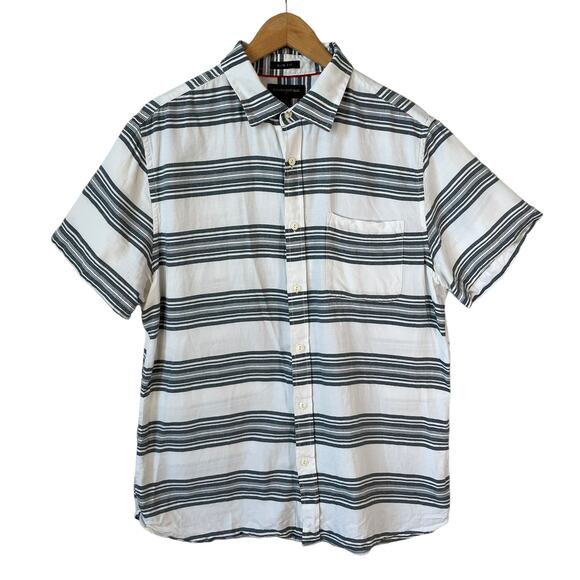Banana Republic Mens Cotton Striped Short Sleeve Button Up White Gray Large - Picture 1 of 6